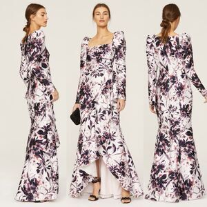 Badgley Mischka Floral Printed Flounce Hem Gown in Eggplant Multi $860 - Size 12